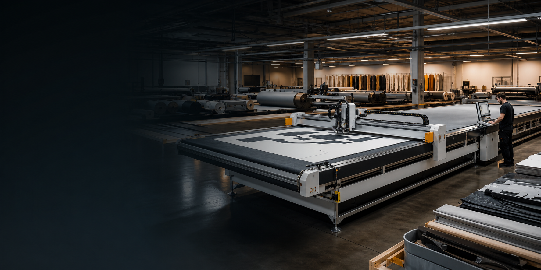Automated cutting table with material laid out in a cutting room